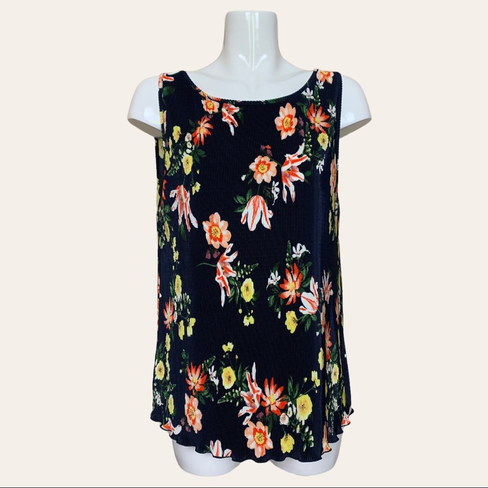 Ann Taylor Factory Blue Floral Pleated Tank Top Blouse Large
